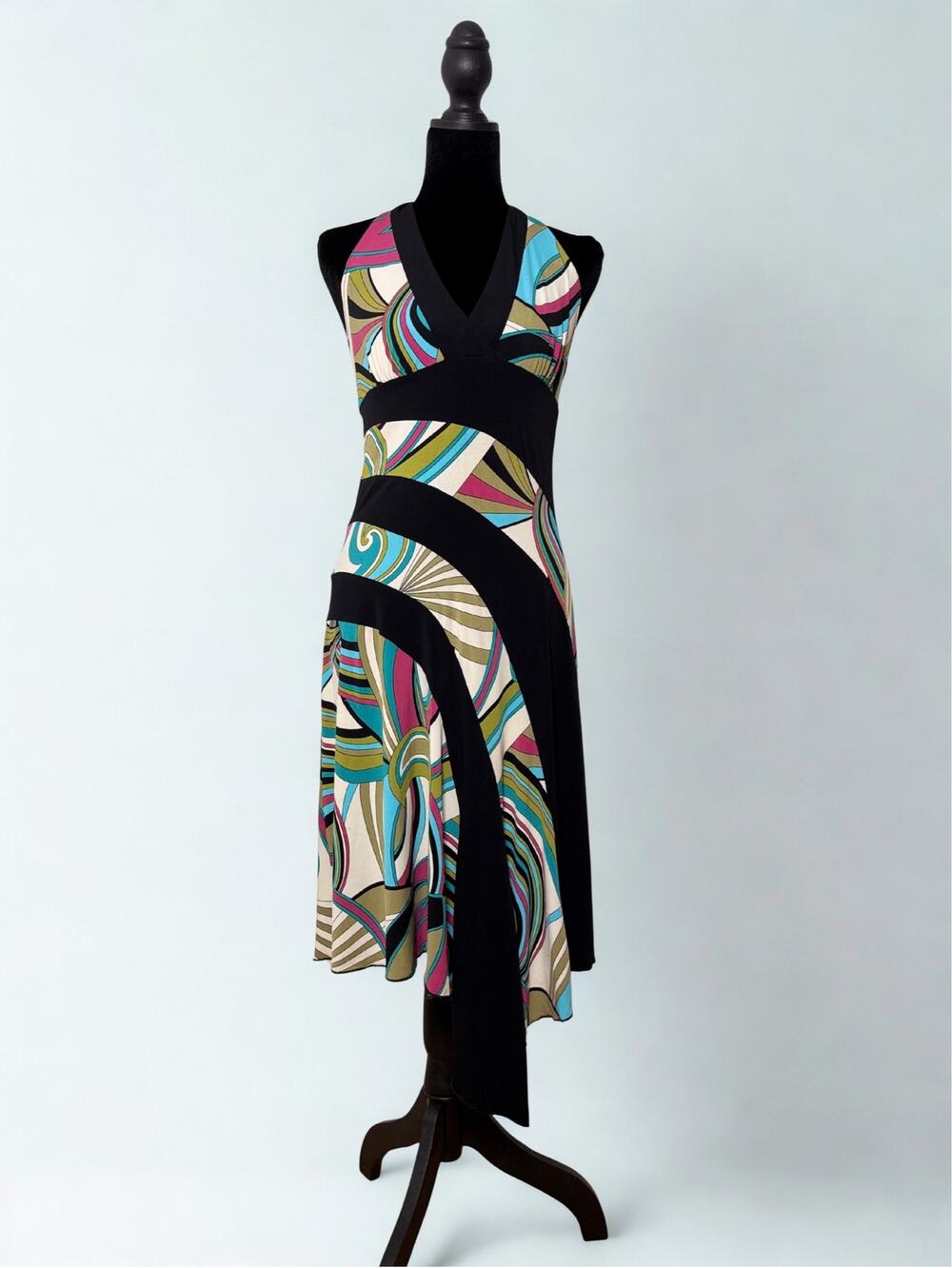 Vtg Y2K Byer Too Fairy Halter Dress Midi Length Rainbow Abstract Swirl Print